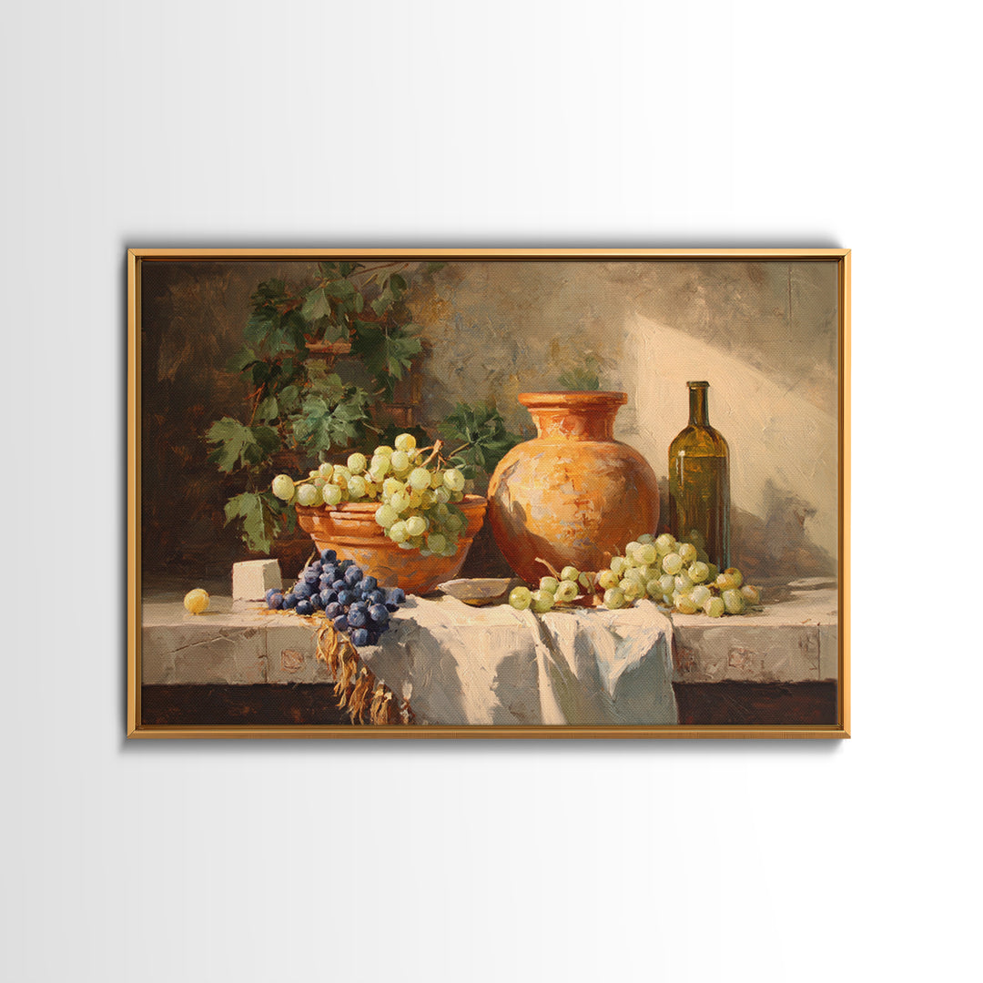 Grapes and Wine Still Life Framed Canvas Print, French Country Art, Wall Art, Farmhouse Decor, Watercolor Art, Country, FCA-3x2-13