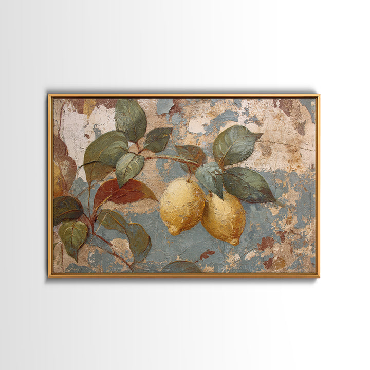 Aged Botanical Plate of Lemons and Leaves Canvas Print, French Country Art, Art Print, Farmhouse Decor, Watercolor Art, Country, FCA-3x2-16