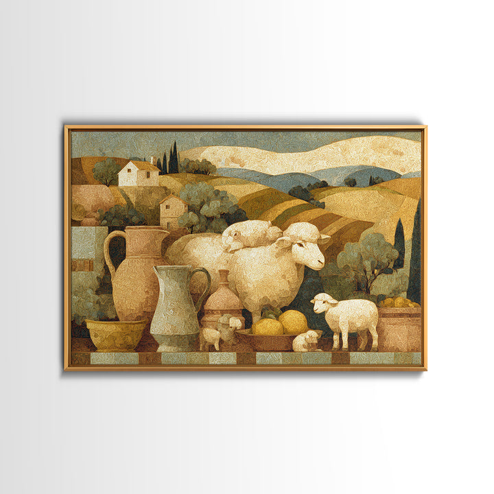Pastoral Sheep in Rolling Countryside Framed Canvas Print, French Country Art, Textured Painting, Farmhouse Decor, Country, FCA-3x2-18