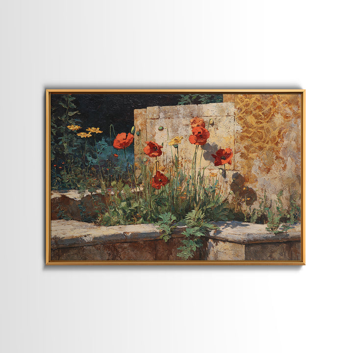 Poppies Beside a Stone Garden Wall Framed Canvas Print, French Country Art, Wall Art, Farmhouse Decor, Fine Art, Country, FCA-3x2-19