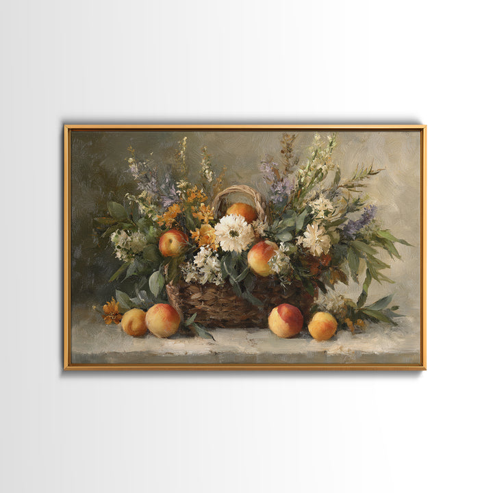 Basket of Fresh Peaches and Wildflowers Framed Canvas Print, French Country Art, Textured Painting, Farmhouse Decor, Country, FCA-3x2-24