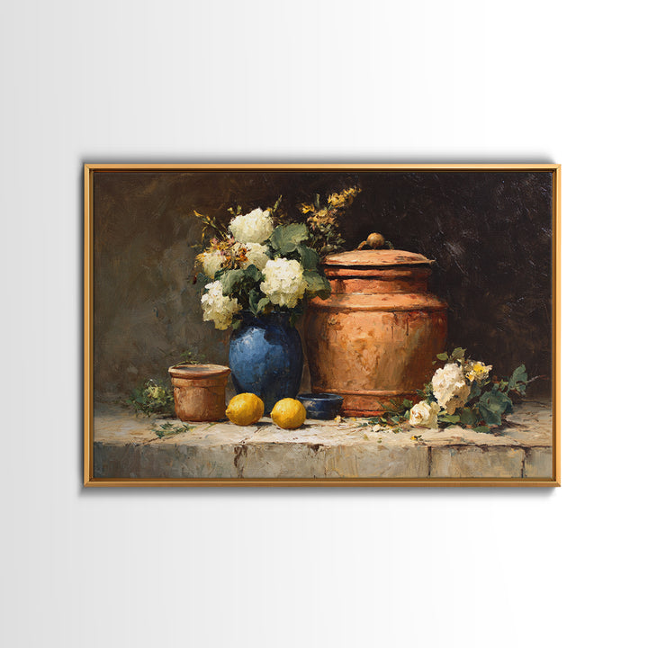 Antique Copper Pot and Flowers Still Life Framed Canvas Print, French Country Art, Boho Decor, Farmhouse Decor, Country, FCA-3x2-28