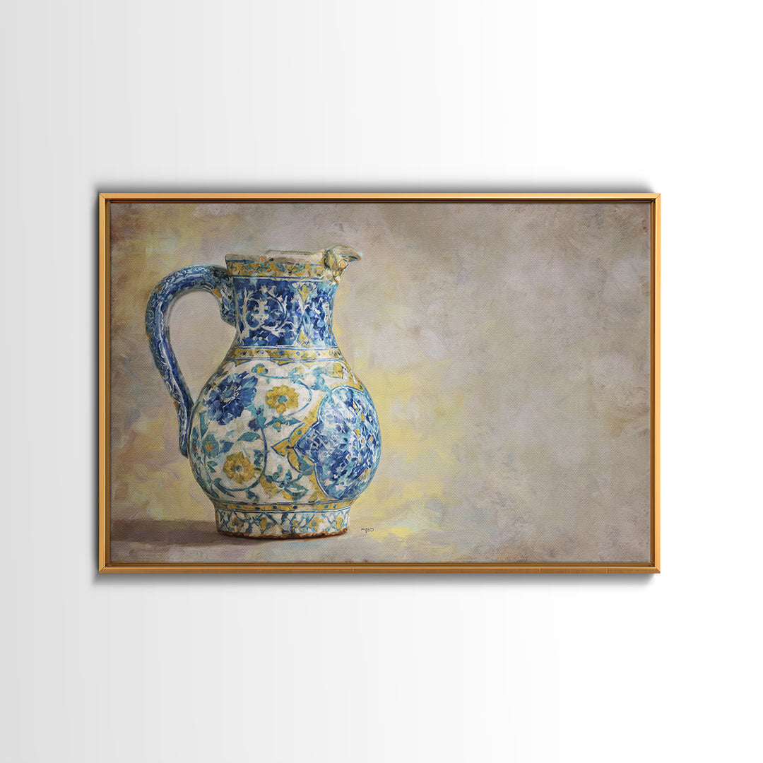 Blue and White Ceramic Pitcher Framed Canvas Print, French Country Art, Digital Art, Farmhouse Decor, Fine Art, Country, FCA-3x2-31