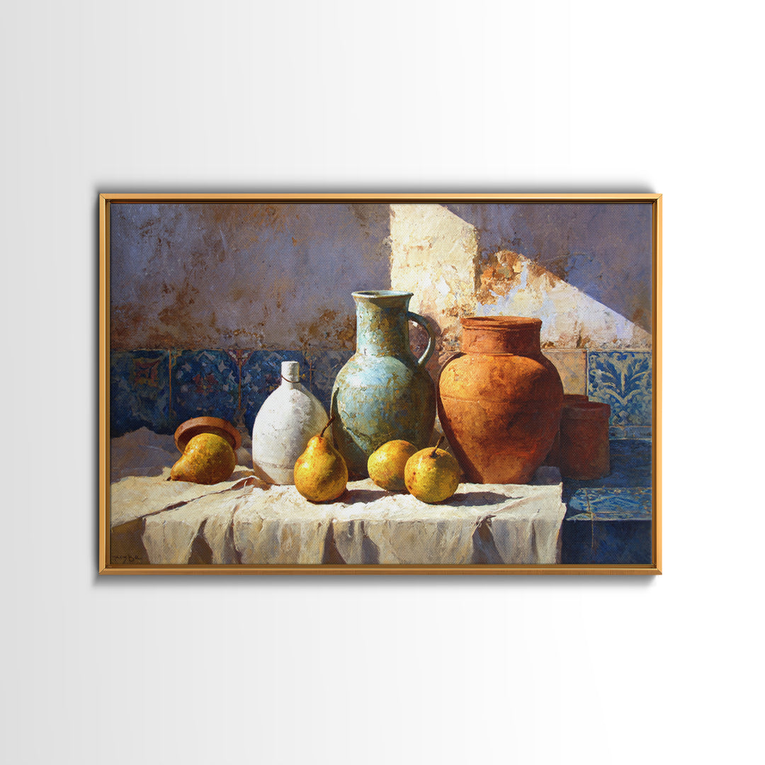 Pear Still Life on Linen Tablecloth Canvas Print, French Country Art, Minimalist Decor, Farmhouse Decor, Fine Art, Country, FCA-3x2-32