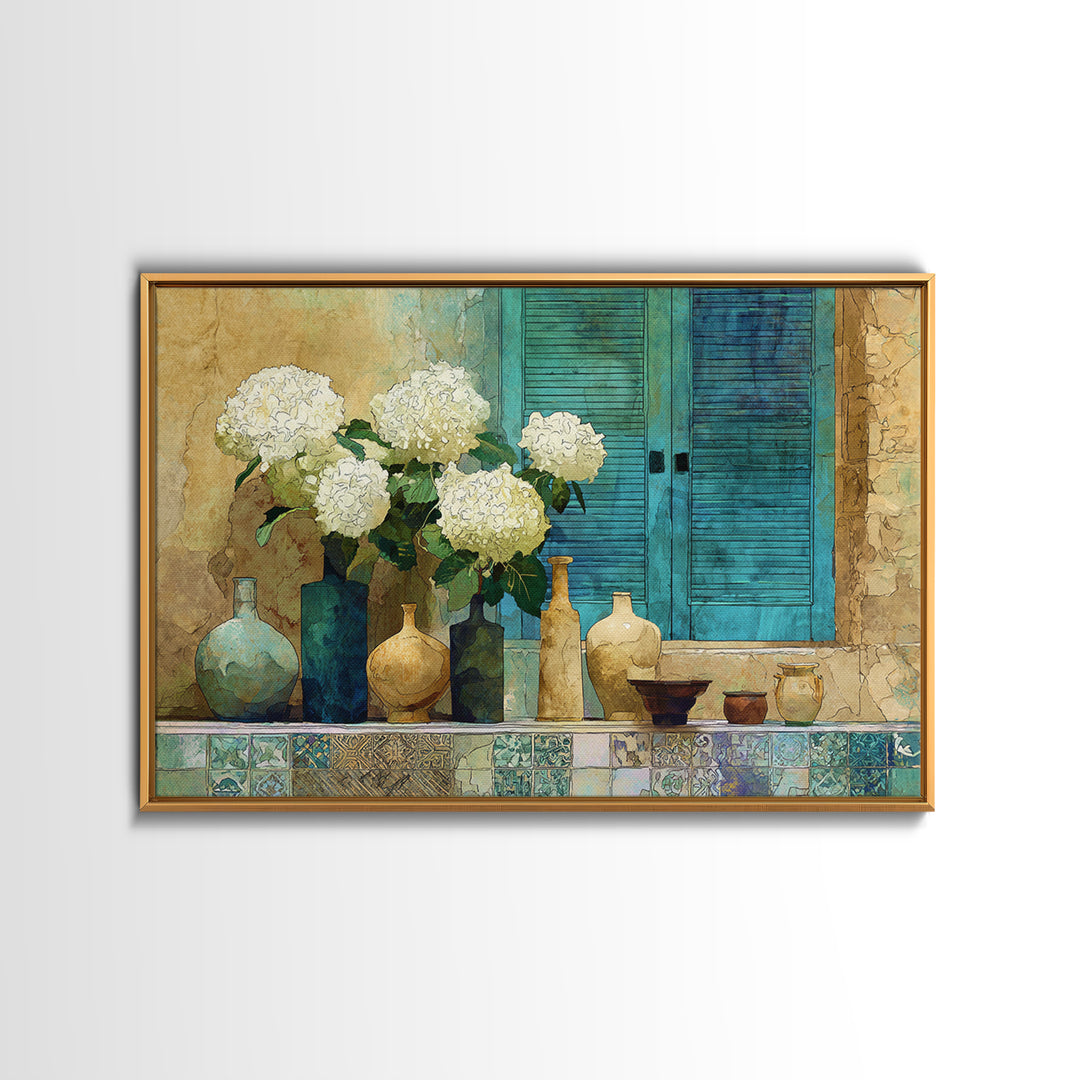 Soft Hydrangeas Beside Antique Shutters Framed Canvas Print, French Country Art, Contemporary Art, Farmhouse Decor, Country, FCA-3x2-36