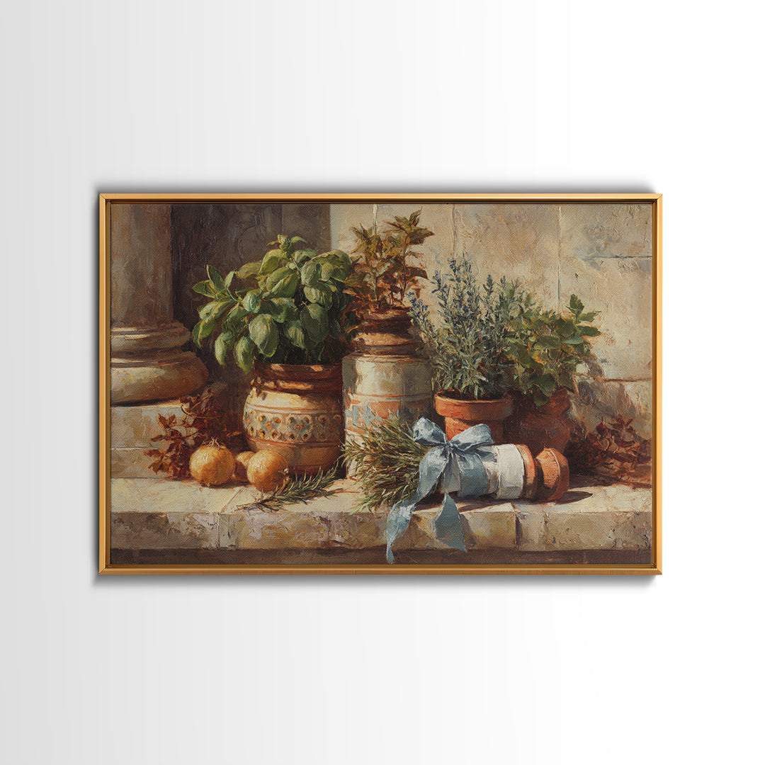 Farmhouse Kitchen Herbs Tied Framed Canvas Print, French Country Art, Digital Wall Art, Farmhouse Decor, Watercolor Art, FCA-3x2-41