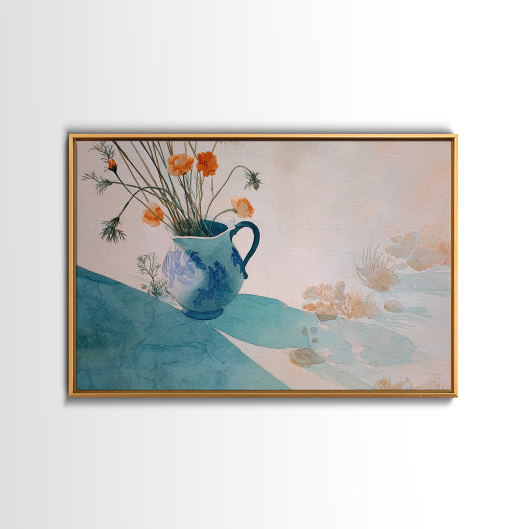 Blue and White Ceramic Pitcher Framed Canvas Print, French Country Art, Landscape Wall Art, Farmhouse Decor, Watercolor Art, FCA-3x2-55