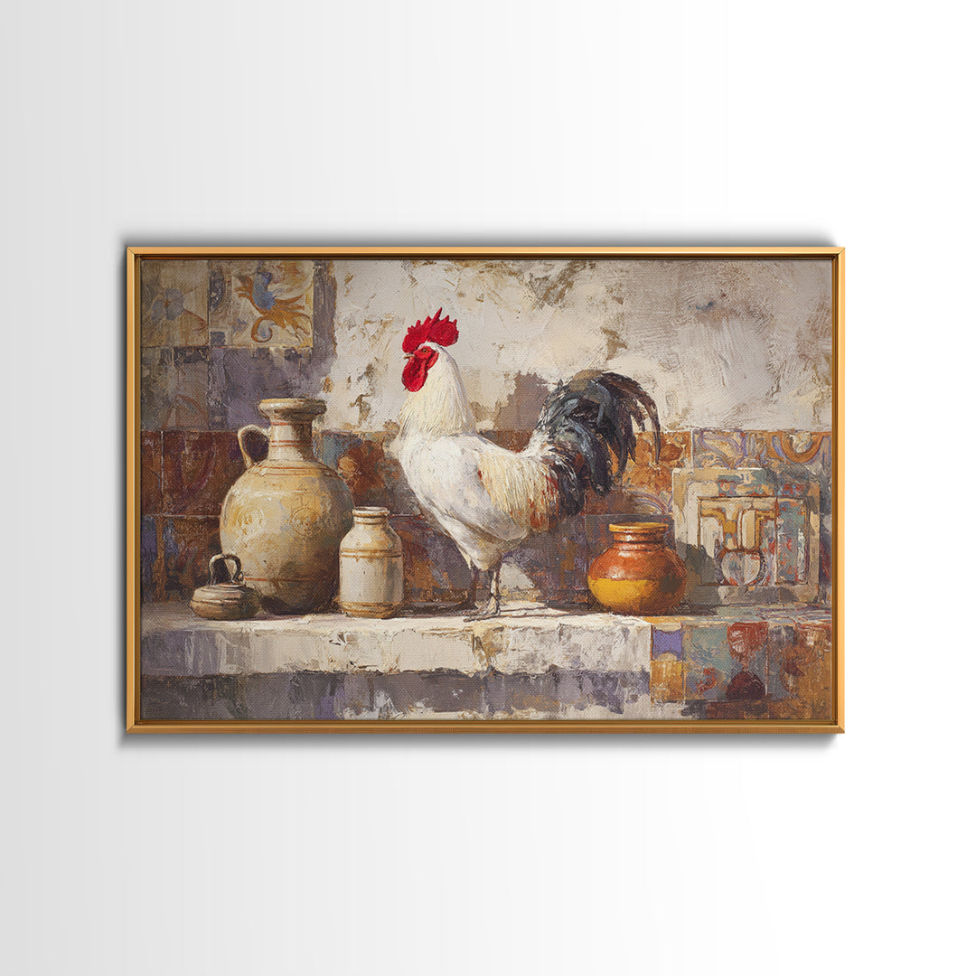 Rooster Portrait in Rustic French Palette Framed Canvas Print, French Country Art, Contemporary Art, Farmhouse Decor, Country, FCA-3x2-6