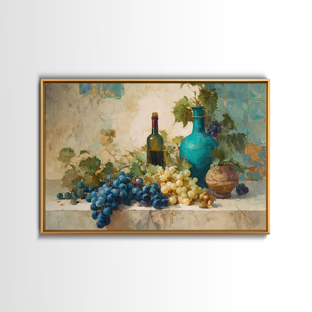 Grapes and Wine Still Life Canvas Print, French Country Art, Oil Painting, Farmhouse Decor, Country, Digital Art Prints, FCA-3x2-61