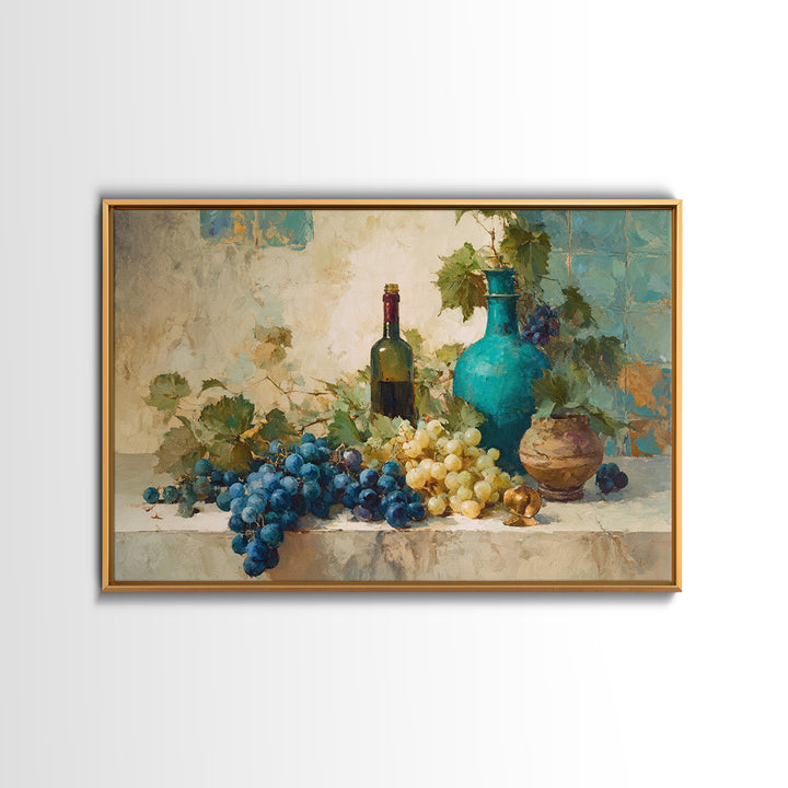 Grapes and Wine Still Life Canvas Print, French Country Art, Oil Painting, Farmhouse Decor, Country, Digital Art Prints, FCA-3x2-61
