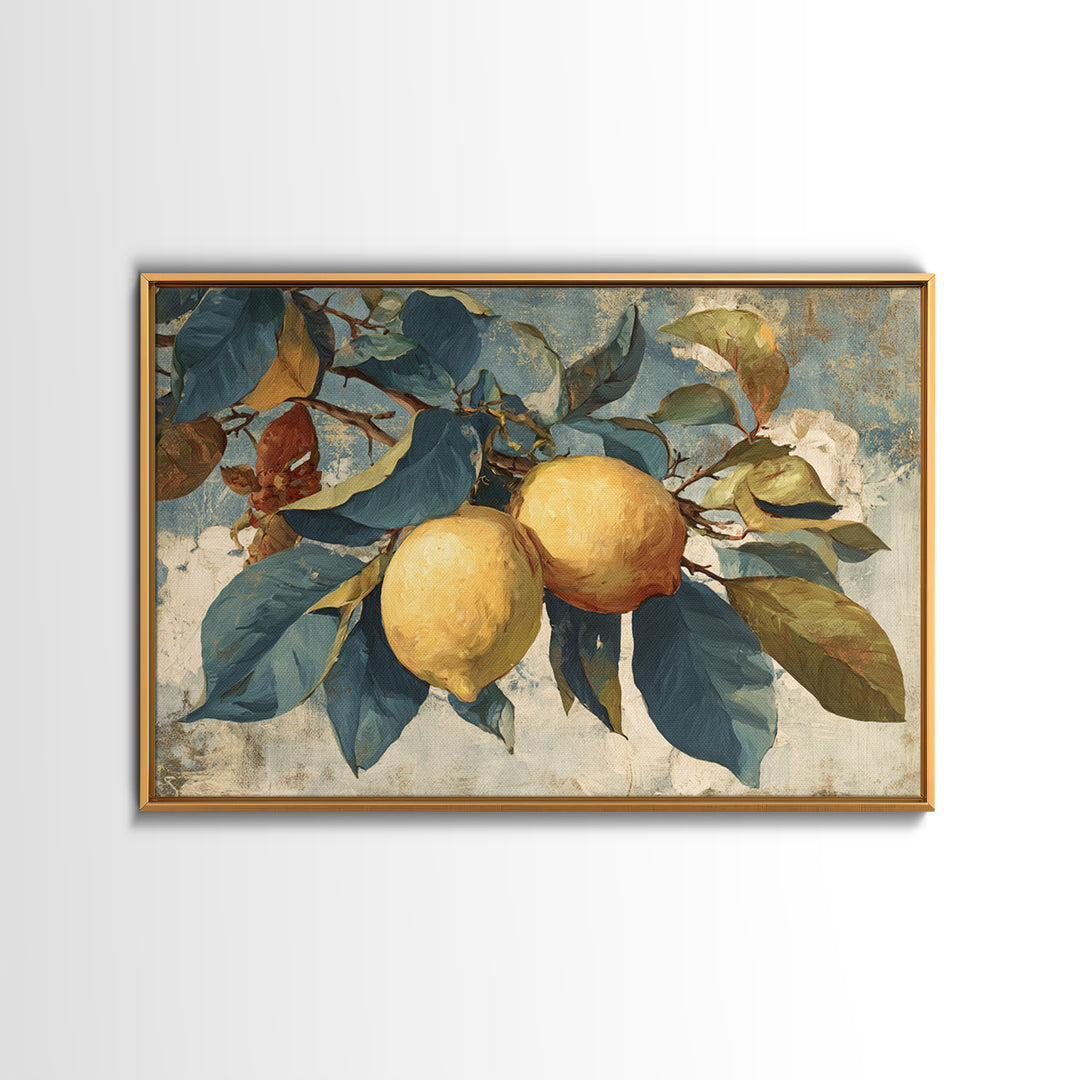 Aged Botanical Plate of Lemons and Leaves Framed Canvas Print, French Country Art, Farmhouse Decor, Fine Art, Country, FCA-3x2-64