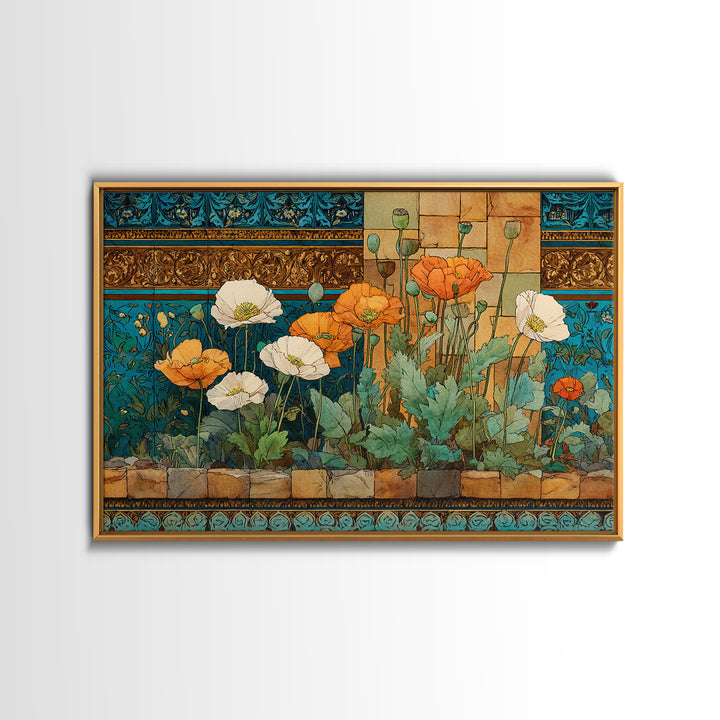 Poppies Beside a Stone Garden Wall Canvas Print, French Country Art, Coastal Wall Art, Farmhouse Decor, Watercolor Art, Country, FCA-3x2-67