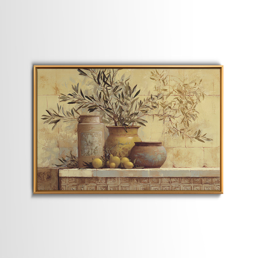 Olive Branch Wreath on Cream Ground Framed Canvas Print, French Country Art, Printable Wall Art, Farmhouse Decor, Country, FCA-3x2-74
