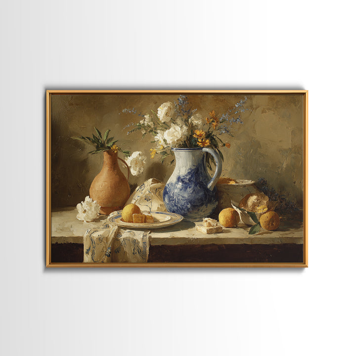 Blue and White Ceramic Pitcher Framed Canvas Print, French Country Art, Digital Art, Farmhouse Decor, Watercolor Art, Country, FCA-3x2-79