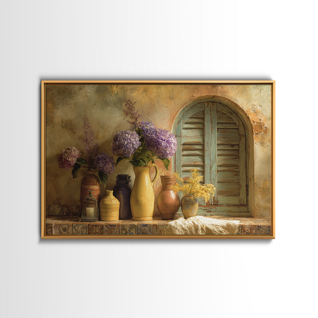 Soft Hydrangeas Beside Antique Shutters Canvas Print, French Country Art, Botanical Prints, Farmhouse Decor, Fine Art, Country, FCA-3x2-84