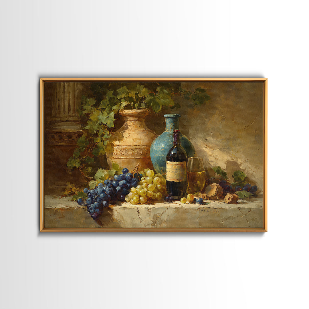 Grapes and Wine Still Life Framed Canvas Print, French Country Art, Farmhouse Decor, Fine Art, Country, Farmhouse Wall Art, FCA-3x2-85
