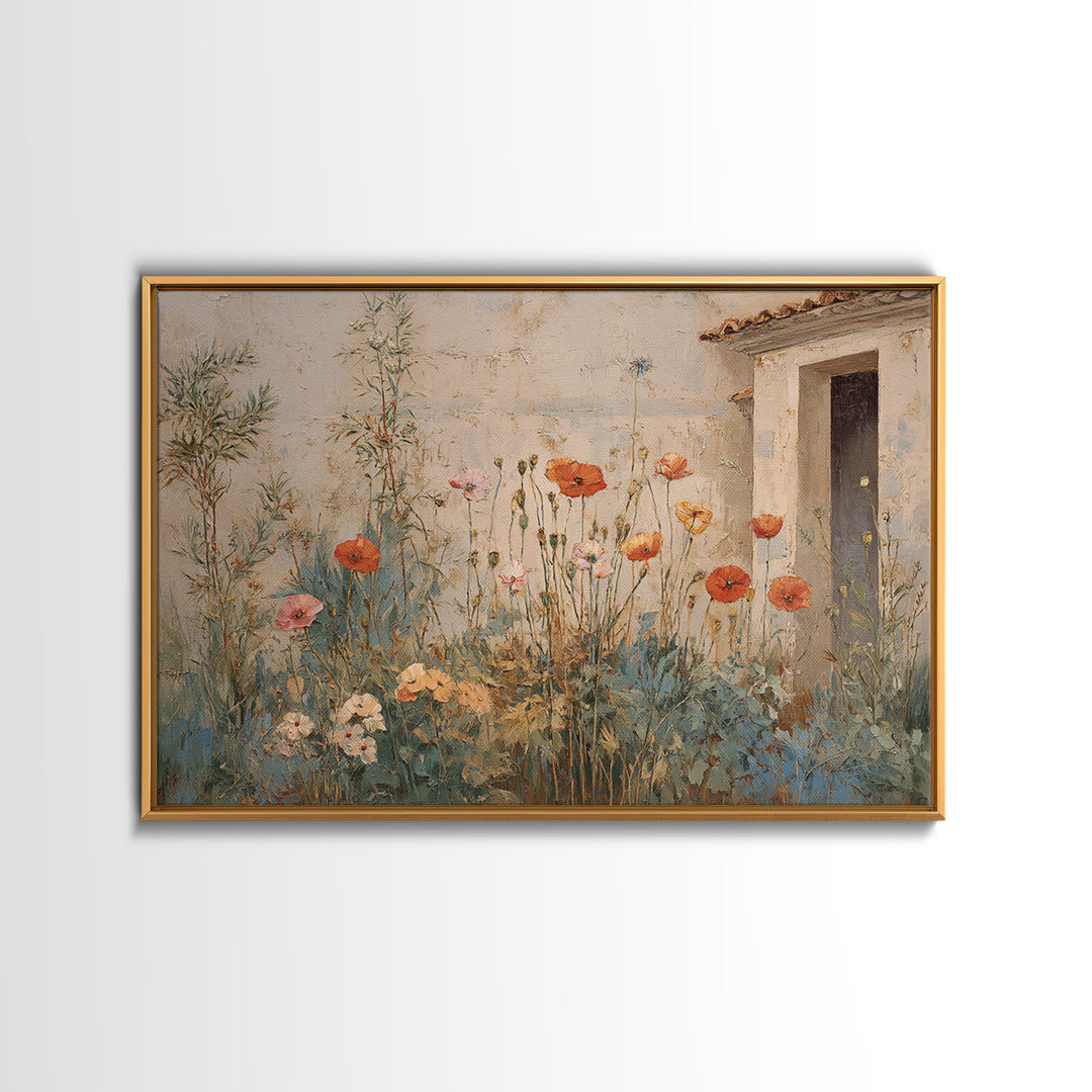 Poppies Beside a Stone Garden Wall Canvas Print, French Country Art, French Country Decor, Farmhouse Decor, Country, FCA-3x2-91