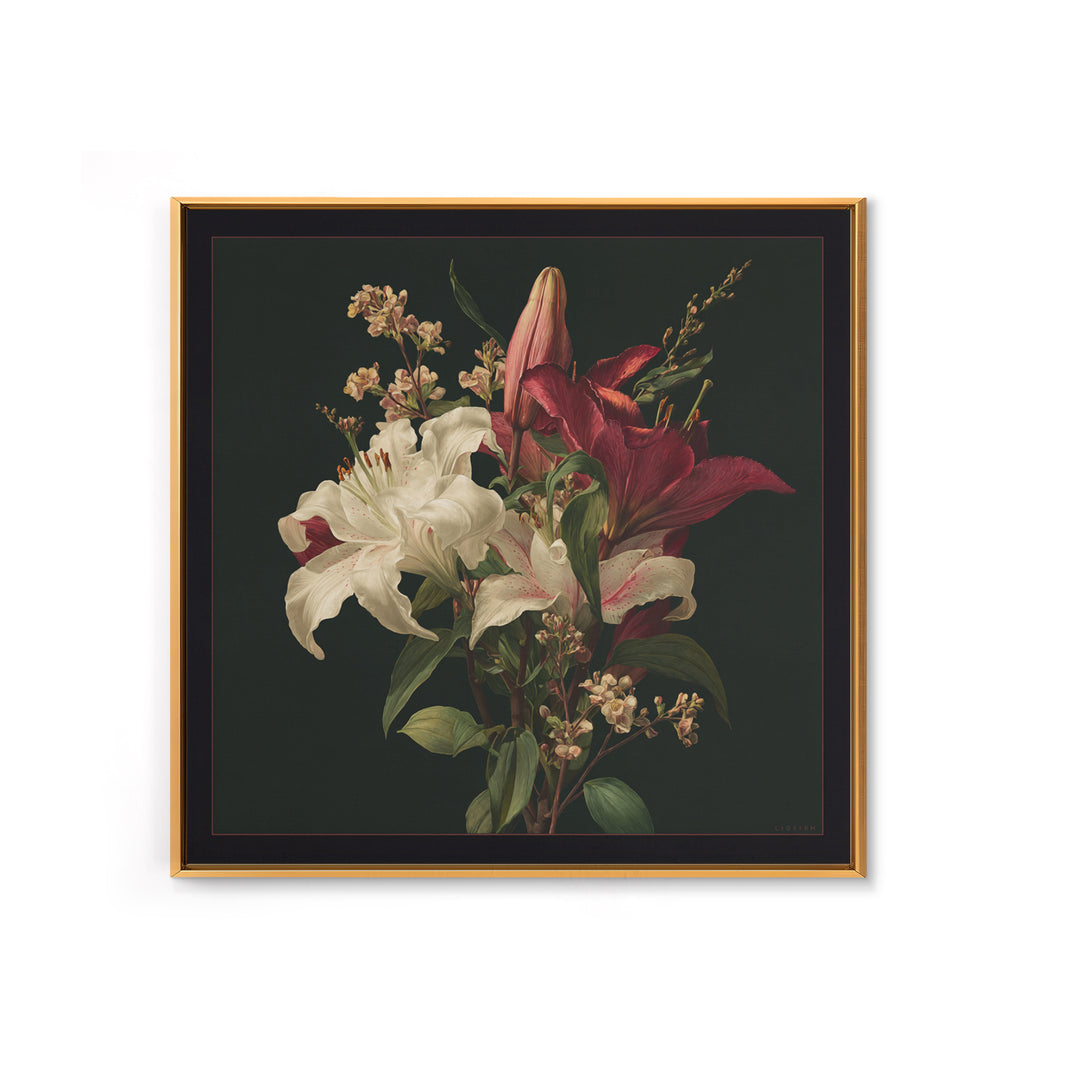 Lily Bouquet with Dramatic Dark Background Framed Canvas Print, Floral Art, Dark Academia Decor, Living Room Decor, Bloom, FLO-1x1-44