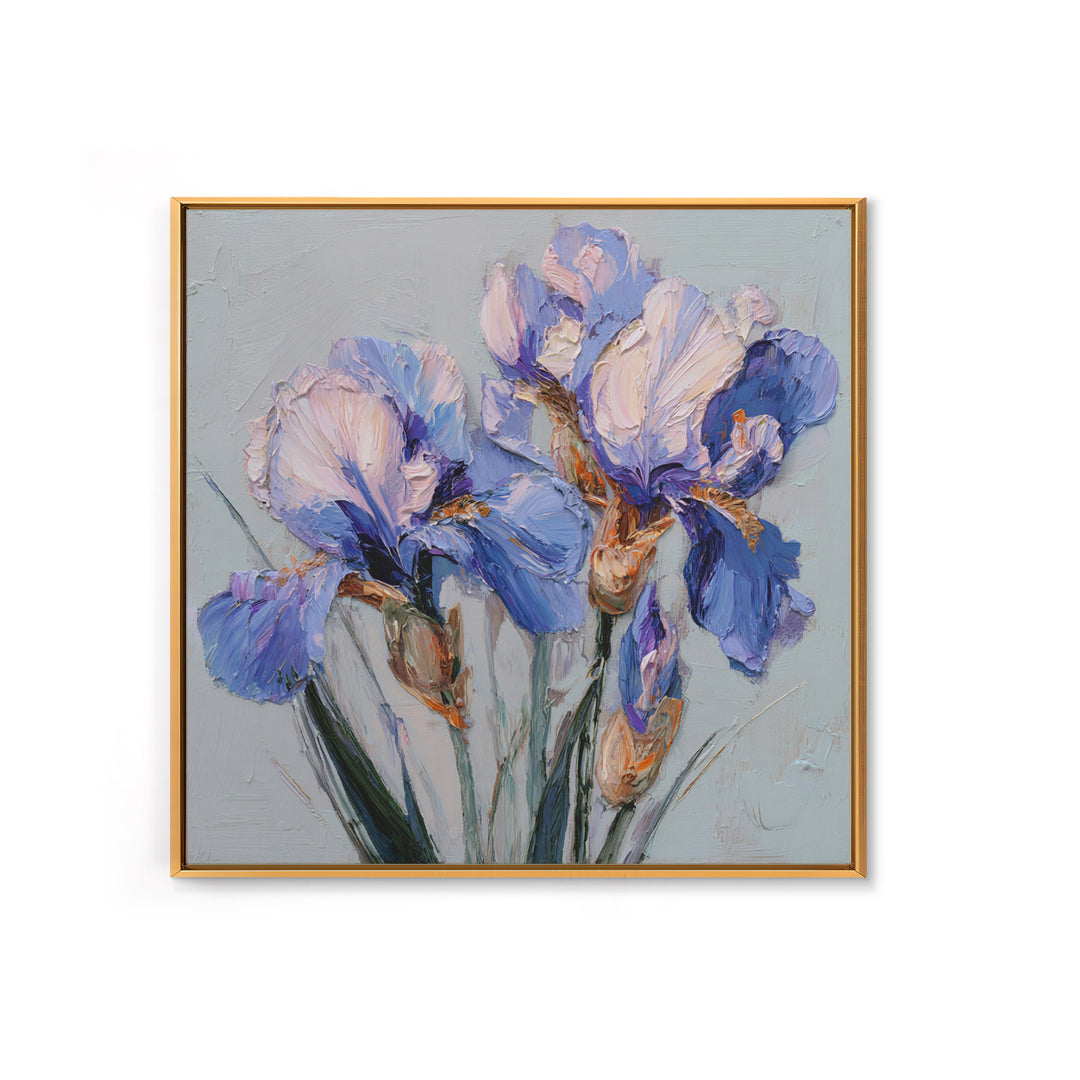 Irises Painted with Expressive Blue Strokes Framed Canvas Print, Floral Art, Botanical Curtain, Living Room Decor, Oil Painting, FLO-1x1-46