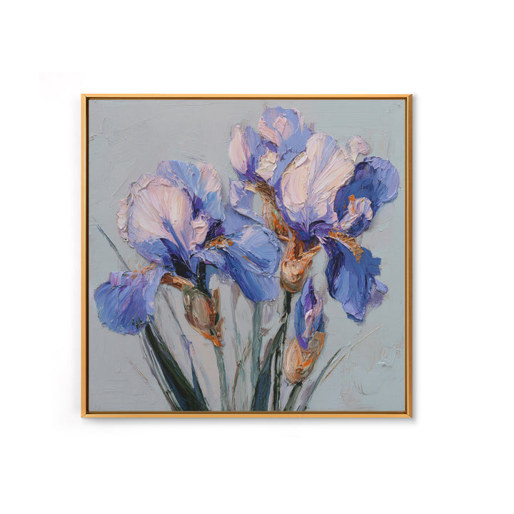 Irises Painted with Expressive Blue Strokes Framed Canvas Print, Floral Art, Botanical Curtain, Living Room Decor, Oil Painting, FLO-1x1-46