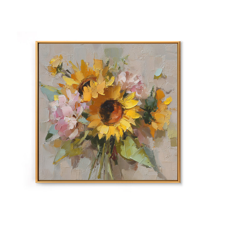 Sunflower Bouquet in Bold Golden Tones Framed Canvas Print, Floral Art, Textured Painting, Living Room Decor, Fine Art, Bloom, FLO-1x1-53