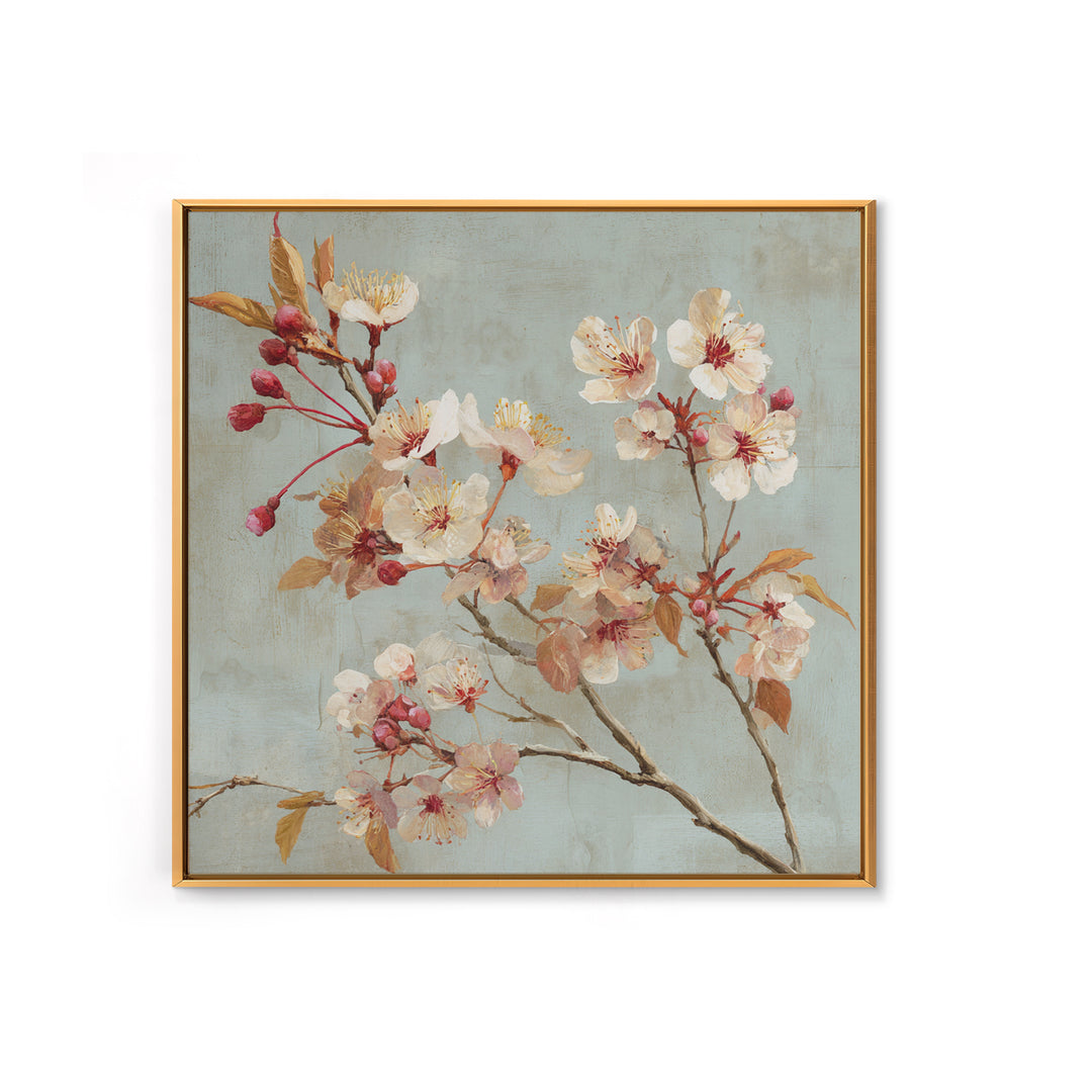 Delicate Cherry Blossom Branch on Pale Sky Framed Canvas Print, Floral Art, Statement Artwork, Living Room Decor, Bloom, FLO-1x1-78