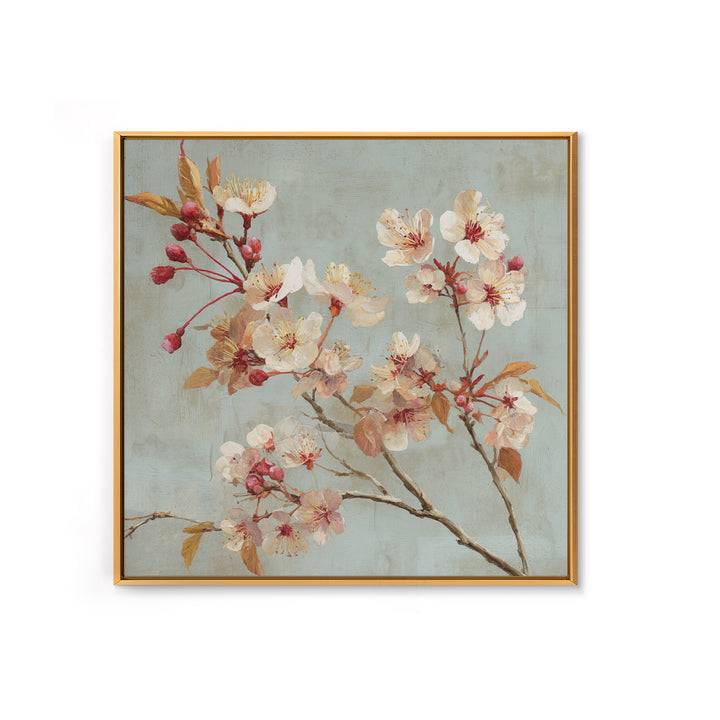 Delicate Cherry Blossom Branch on Pale Sky Framed Canvas Print, Floral Art, Statement Artwork, Living Room Decor, Bloom, FLO-1x1-78