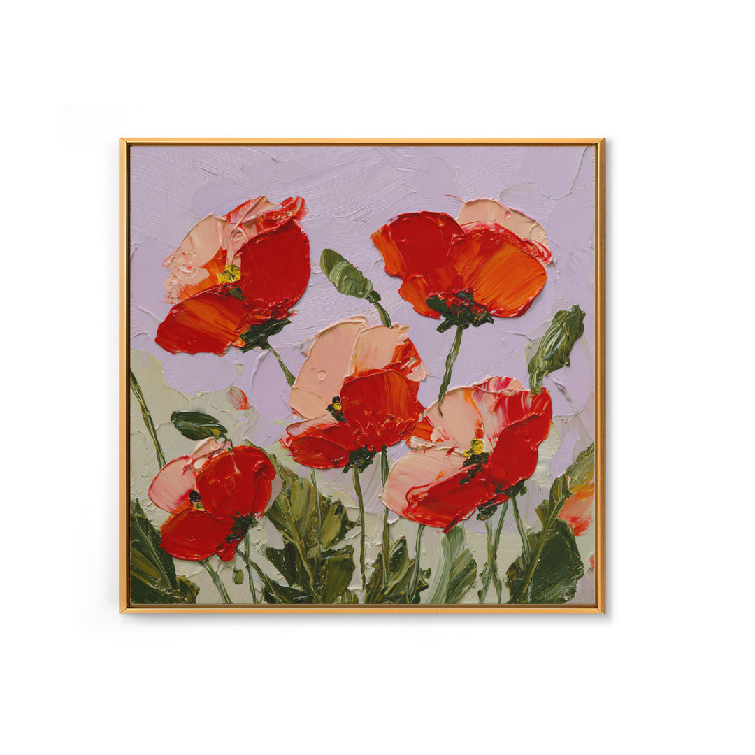 Poppy Field with Red Petals and Green Framed Canvas Print, Floral Art, Printable, Living Room Decor, Oil Painting, Bloom, FLO-1x1-8