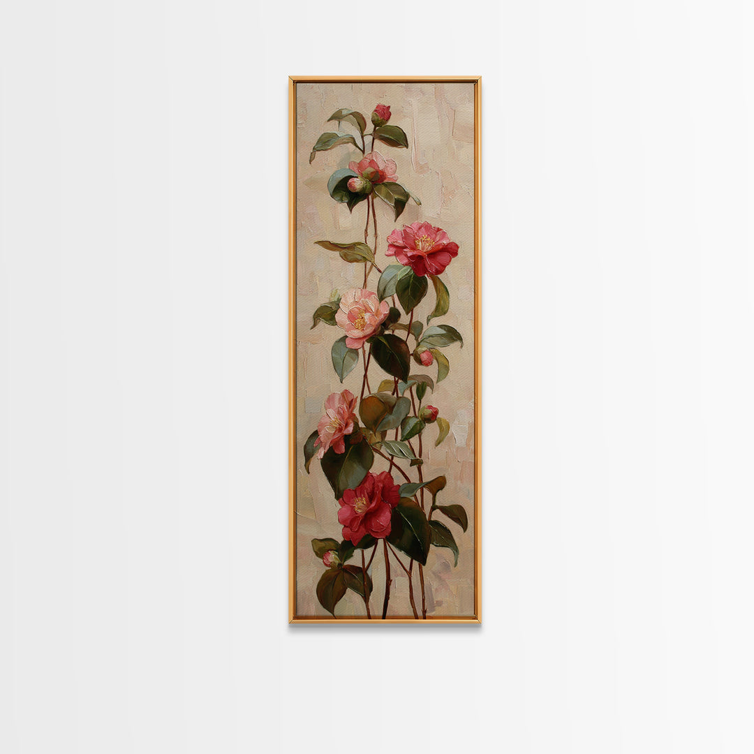 Camellia Bloom with Glossy Leaves Canvas Print, Floral Art, Botanical Curtain, Living Room Decor, Oil Painting, Bloom, FLO-1x3-100