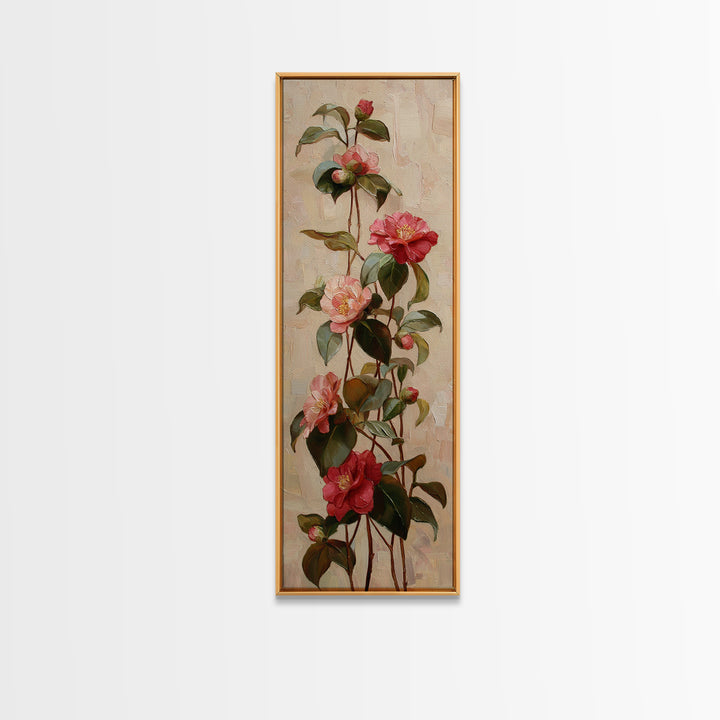 Camellia Bloom with Glossy Leaves Canvas Print, Floral Art, Botanical Curtain, Living Room Decor, Oil Painting, Bloom, FLO-1x3-100