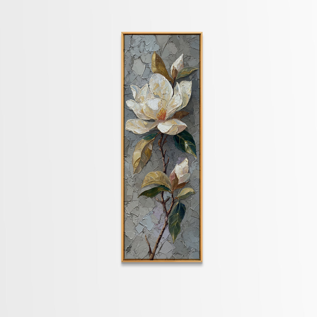 Single White Magnolia on Charcoal Ground Canvas Print, Floral Art, Botanical Art, Living Room Decor, Oil Painting, Bloom, FLO-1x3-40