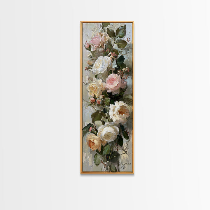 Floral Wreath of Garden Roses and Herbs Framed Canvas Print, Floral Art, Textured Painting, Living Room Decor, Fine Art, Bloom, FLO-1x3-53