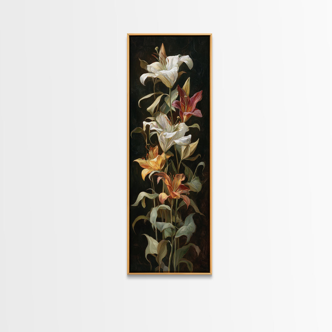 Lily Bouquet with Dramatic Dark Background Canvas Print, Floral Art, Art Nouveau Decor, Living Room Decor, Fine Art, Bloom, FLO-1x3-56