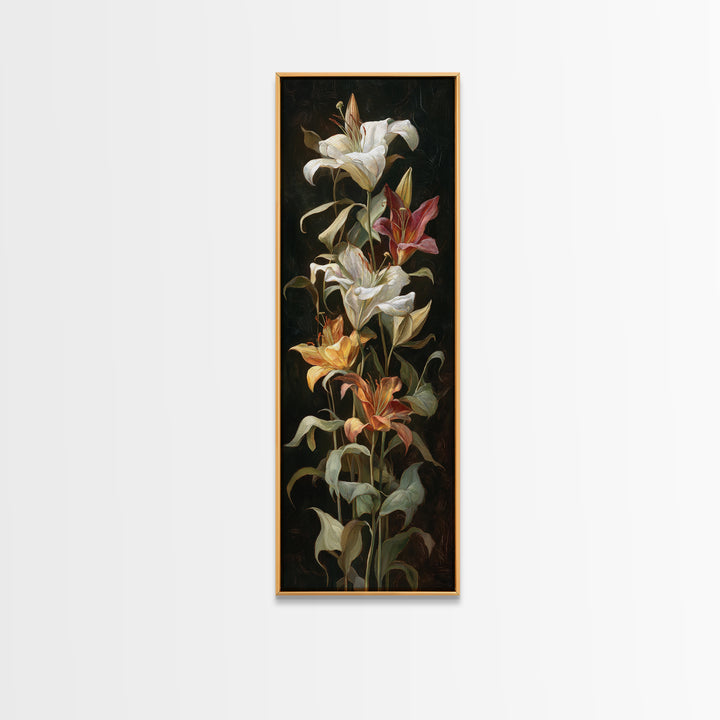 Lily Bouquet with Dramatic Dark Background Canvas Print, Floral Art, Art Nouveau Decor, Living Room Decor, Fine Art, Bloom, FLO-1x3-56