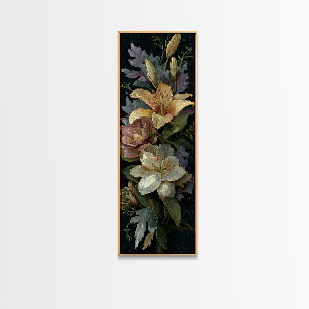 Lily Bouquet with Dramatic Dark Background Framed Canvas Print, Floral Art, Floral Art Prints, Living Room Decor, Oil Painting, FLO-1x3-80