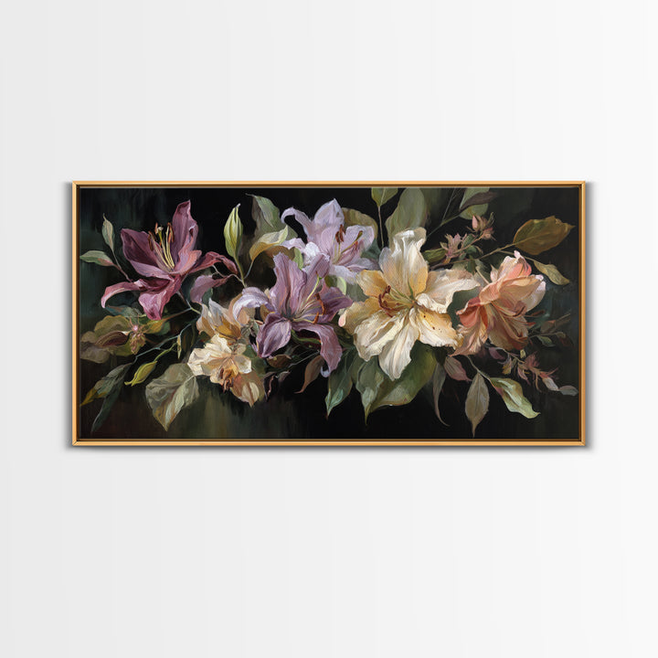 Lily Bouquet with Dramatic Dark Background Canvas Print, Floral Art, Printable, Living Room Decor, Oil Painting, Bloom, FLO-2x1-64