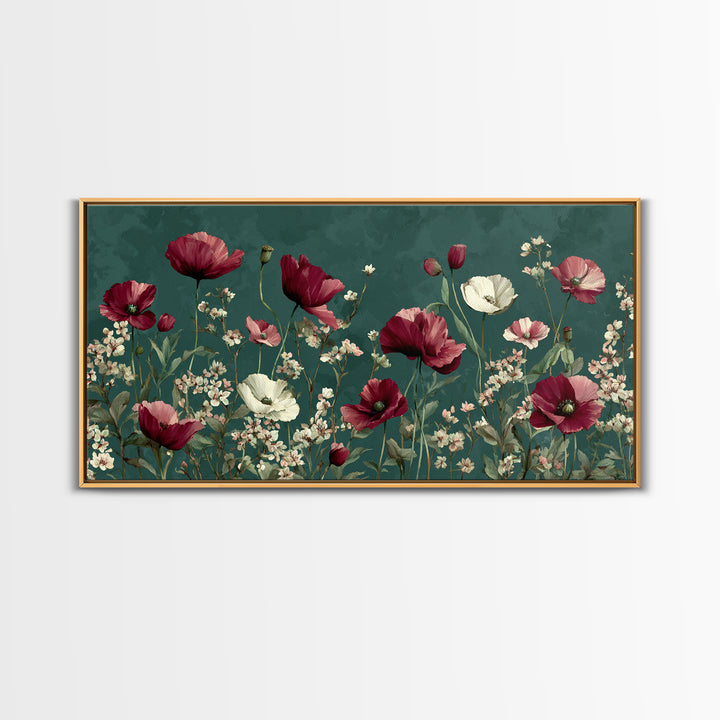 Poppy Field with Red Petals and Green Canvas Print, Floral Art, Art Nouveau Decor, Living Room Decor, Fine Art, Bloom, FLO-2x1-76