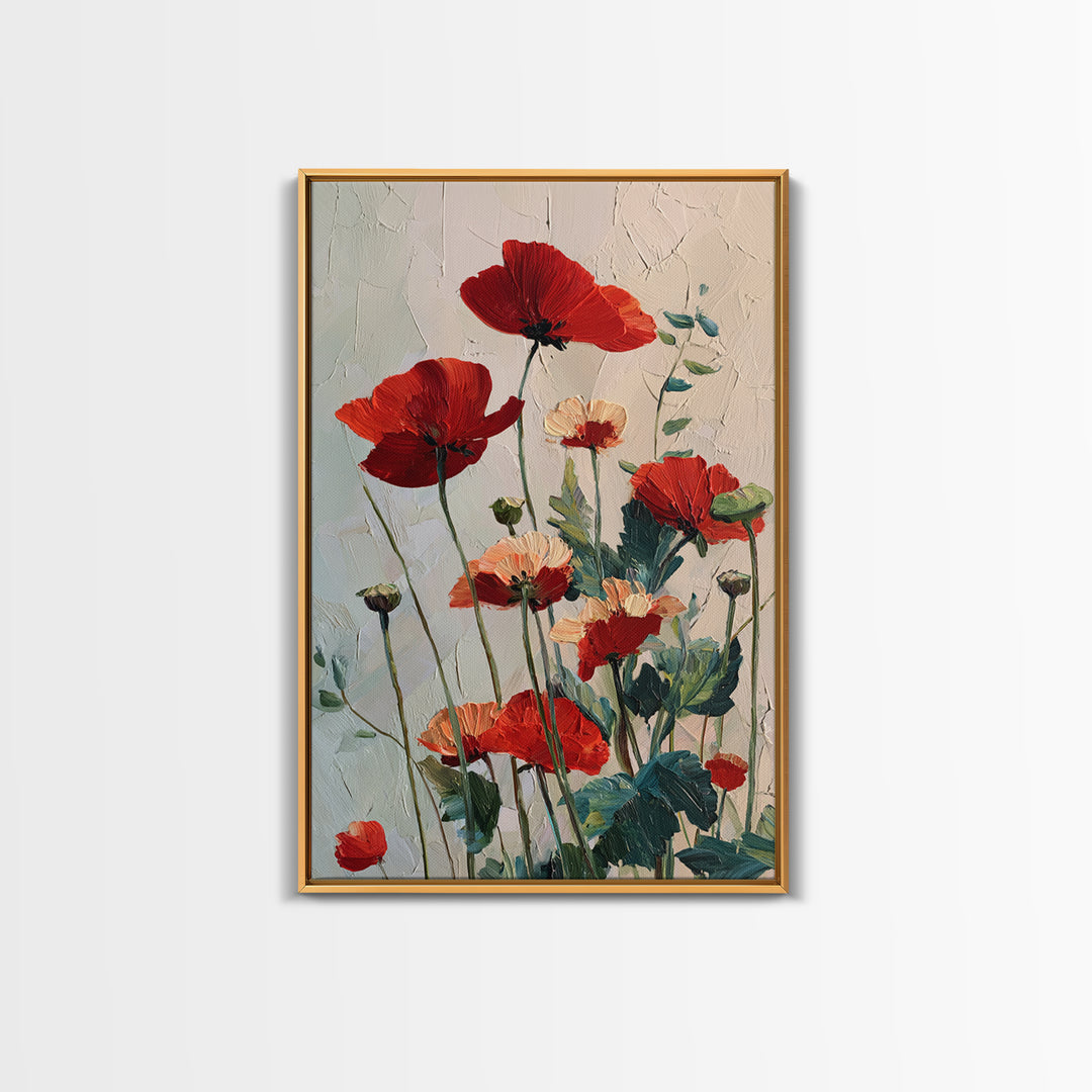Poppy Field with Red Petals and Green Framed Canvas Print, Floral Art, Art Nouveau Decor, Living Room Decor, Fine Art, Bloom, FLO-2x3-88