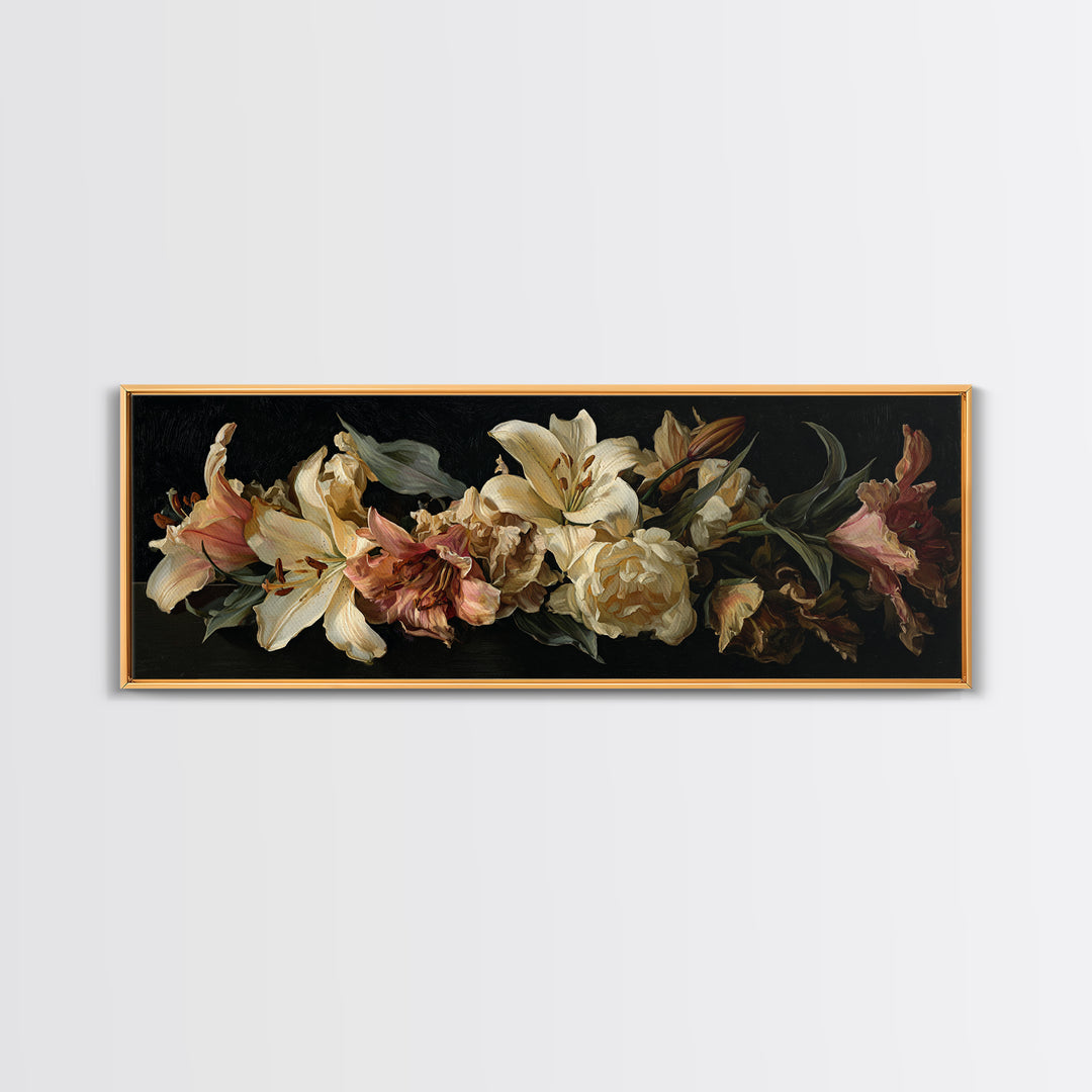 Lily Bouquet with Dramatic Dark Background Framed Canvas Print, Floral Art, Art Nouveau Locket, Living Room Decor, Bloom, FLO-3x1-12