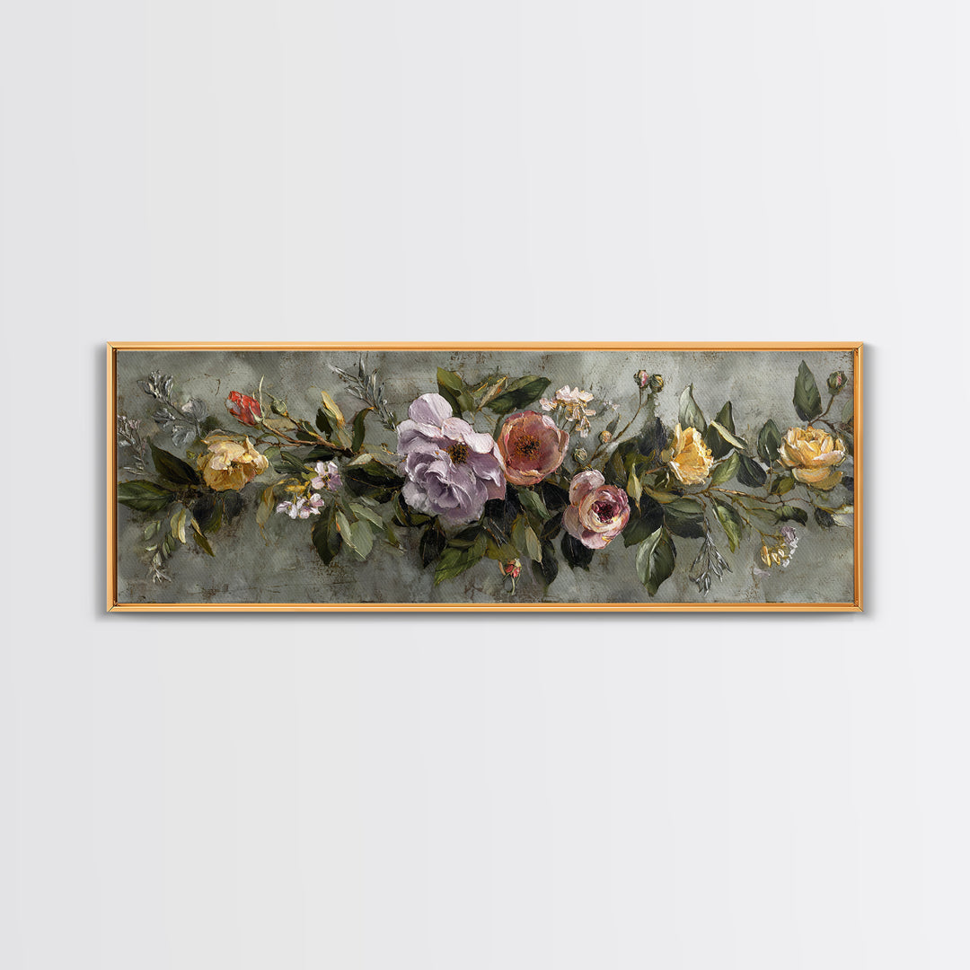 Floral Wreath of Garden Roses and Herbs Canvas Print, Floral Art, Floral Art Prints, Living Room Decor, Oil Painting, Bloom, FLO-3x1-33