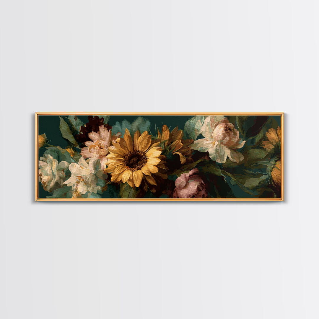 Sunflower Bouquet in Bold Golden Tones Canvas Print, Floral Art, Art Nouveau Locket, Living Room Decor, Fine Art, Bloom, FLO-3x1-45