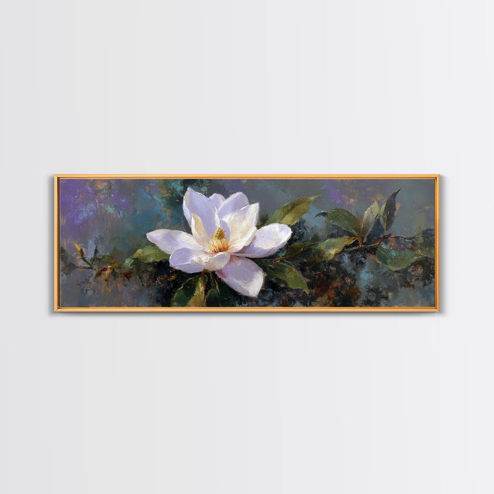 Single White Magnolia on Charcoal Ground Framed Canvas Print, Floral Art, Home Decor, Living Room Decor, Fine Art, Bloom, FLO-3x1-68