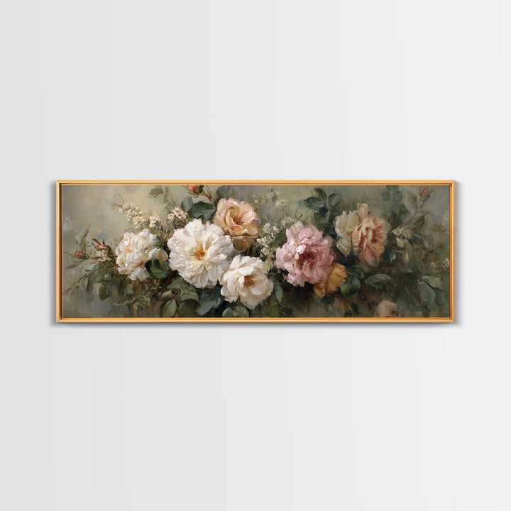 Floral Wreath of Garden Roses and Herbs Framed Canvas Print, Floral Art, Art Nouveau Decor, Living Room Decor, Fine Art, Bloom, FLO-3x1-9