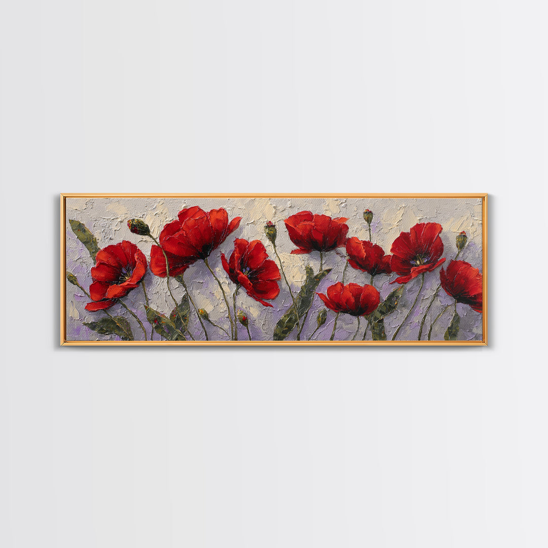 Poppy Field with Red Petals and Green Canvas Print, Floral Art, Textured Painting, Living Room Decor, Fine Art, Bloom, FLO-3x1-96