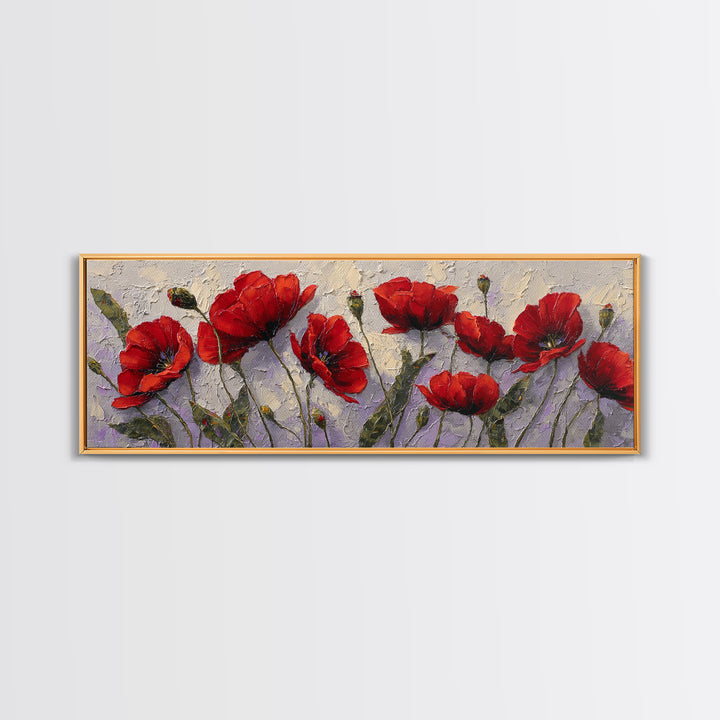 Poppy Field with Red Petals and Green Canvas Print, Floral Art, Textured Painting, Living Room Decor, Fine Art, Bloom, FLO-3x1-96