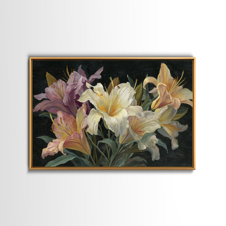 Lily Bouquet with Dramatic Dark Background Framed Canvas Print, Floral Art, Art Nouveau Locket, Living Room Decor, Bloom, FLO-3x2-24