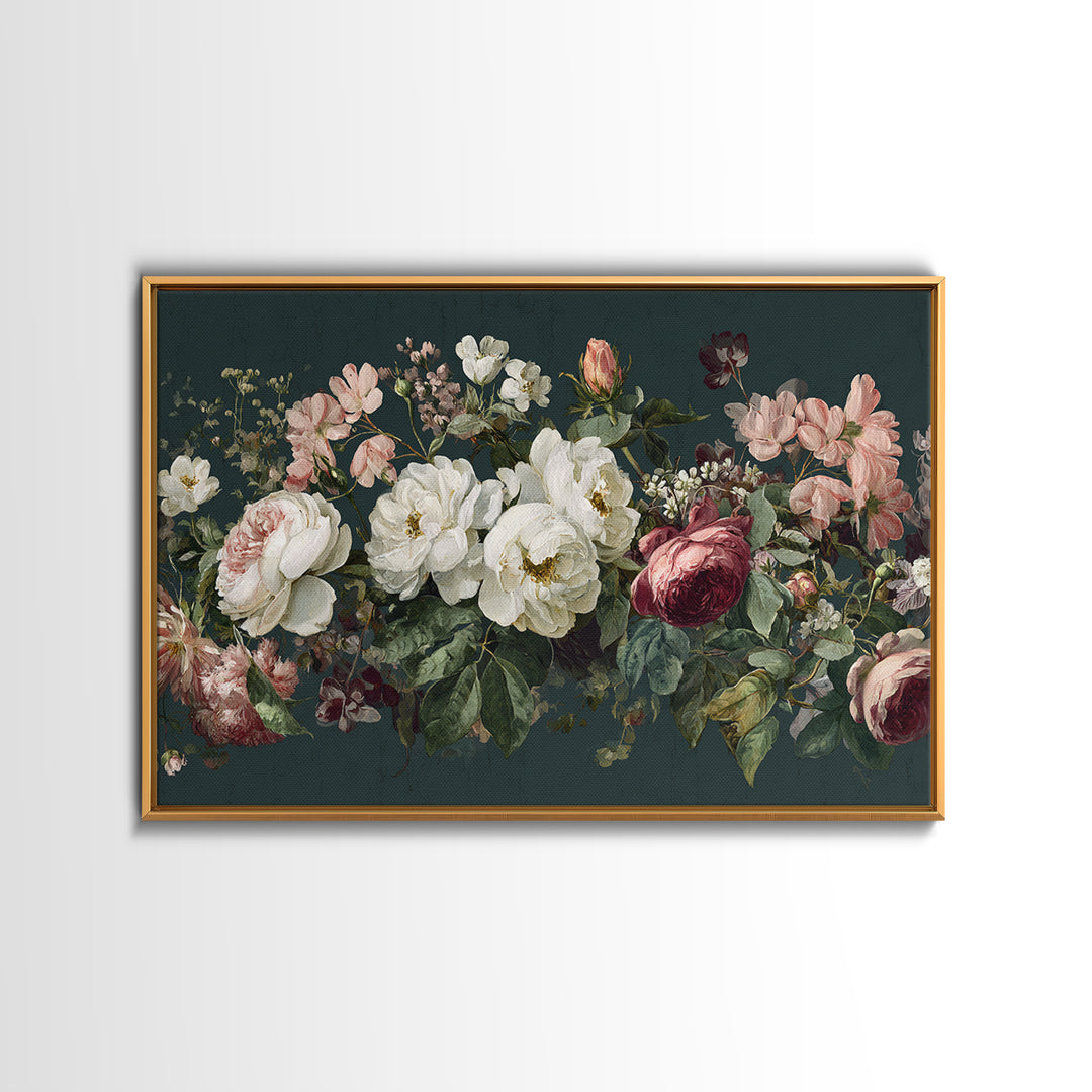 Floral Wreath of Garden Roses and Herbs Framed Canvas Print, Floral Art, Gallery Decor, Living Room Decor, Fine Art, Bloom, FLO-3x2-45