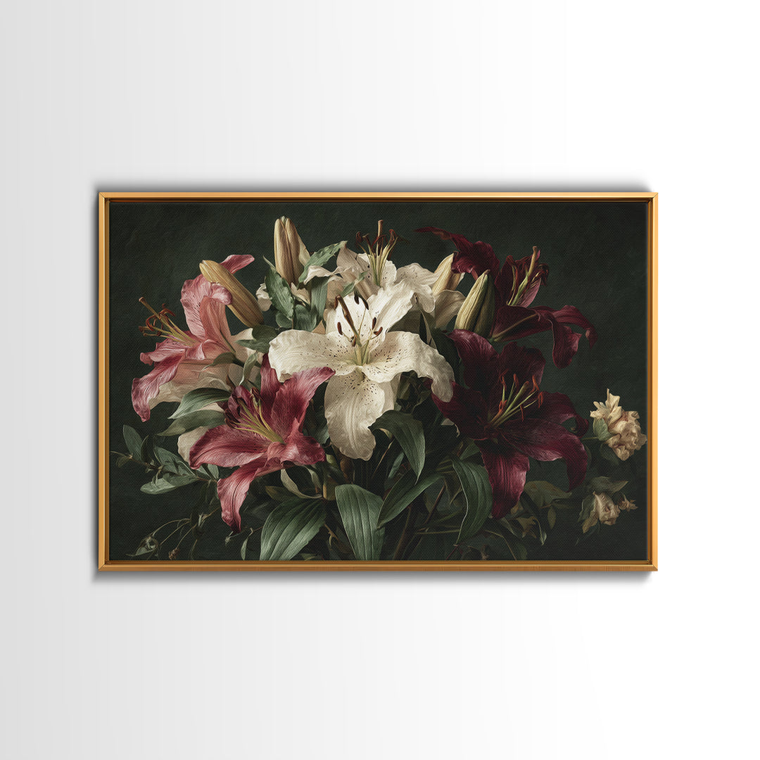 Lily Bouquet with Dramatic Dark Background Canvas Print, Floral Art, Gallery Decor, Living Room Decor, Fine Art, Bloom, FLO-3x2-48