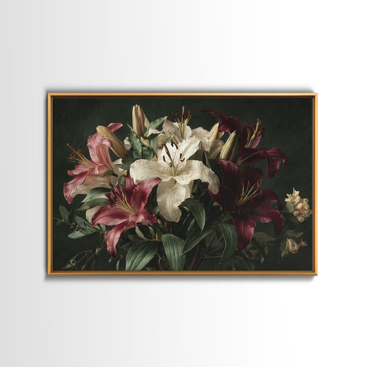 Lily Bouquet with Dramatic Dark Background Canvas Print, Floral Art, Gallery Decor, Living Room Decor, Fine Art, Bloom, FLO-3x2-48