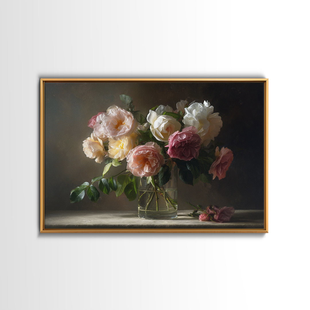 Dark Moody Roses Canvas Print, Floral Art, Floral Art Prints, Living Room Decor, Oil Painting, Bloom, Statement Artwork, FLO-3x2-54